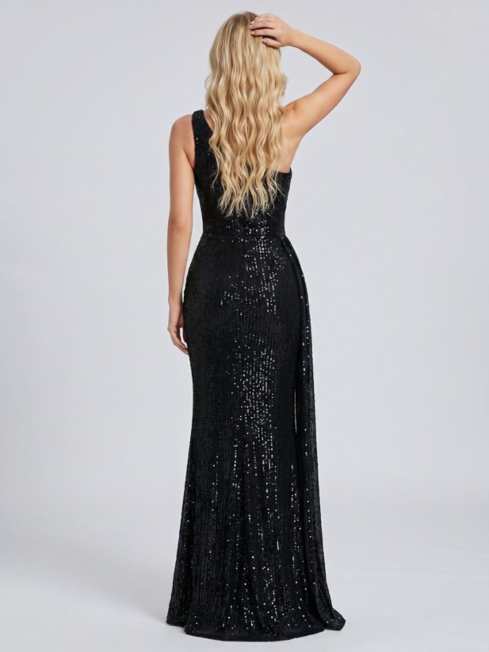 Women’s Black Sequin One Shoulder Maxi Dress Elegant High Slit Evening Gown - Picture 4 of 5
